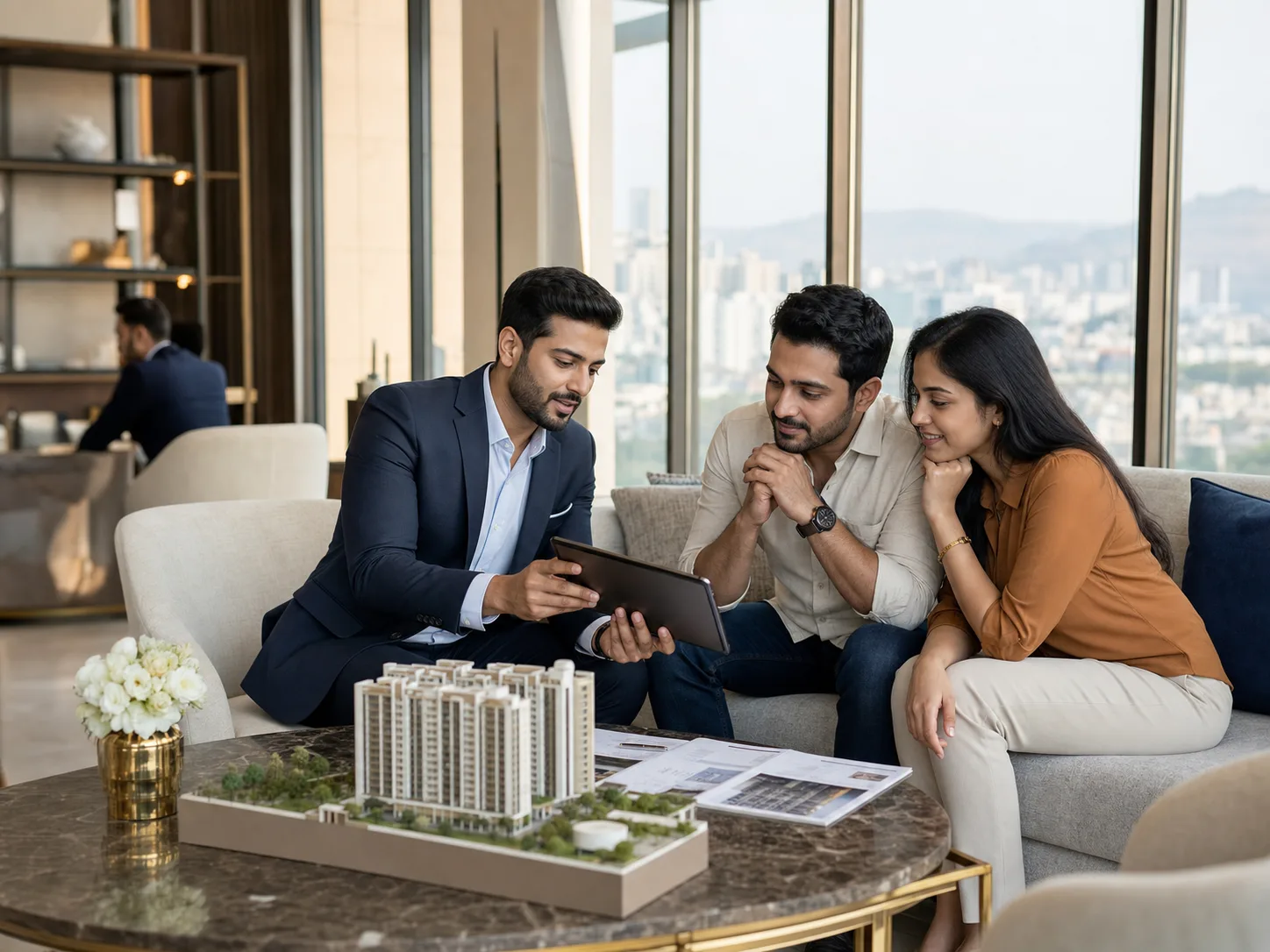 Property advisor explaining a residential project to homebuyers